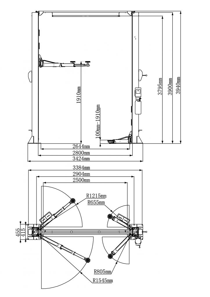 2-post Car 4.5t Clear Floor Commercial Hoist 